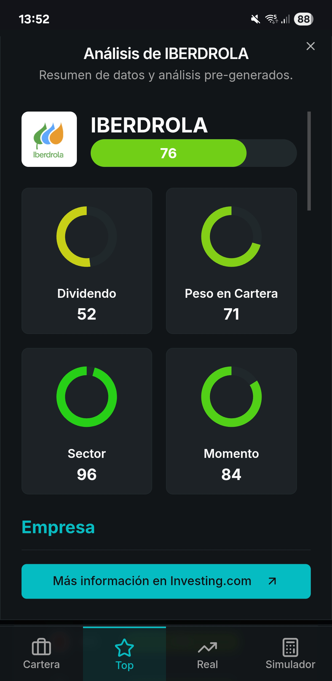 Captura de pantalla de la app móvil de Dividendly - Empresa